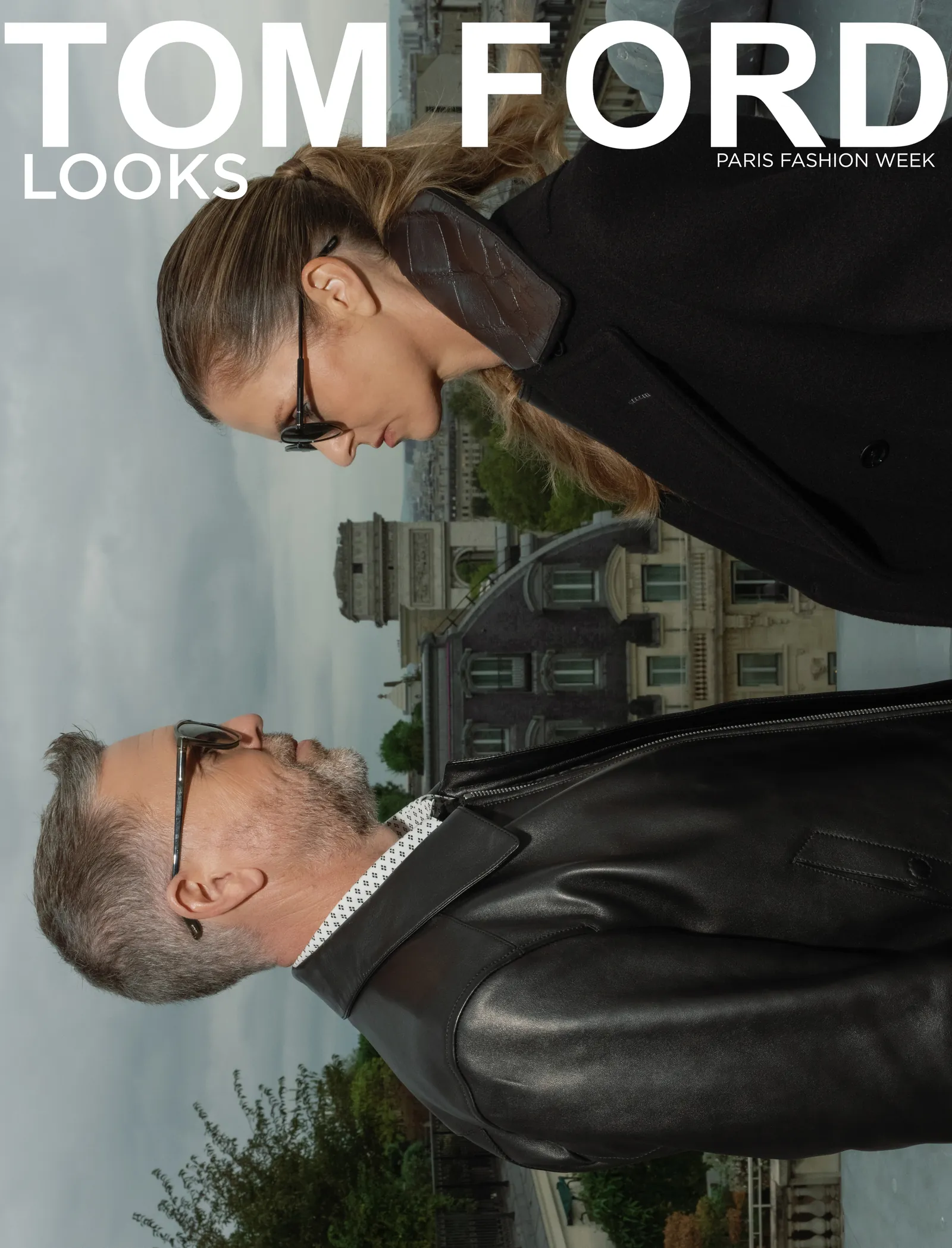 Two people wearing Tom Ford on a Paris rooftop, with Tom Ford Looks and Paris Fashion Week lettering