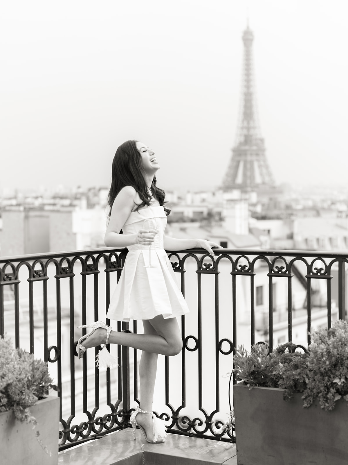 Bride on The Peninsula Paris rooftop with an Eiffel Tower view