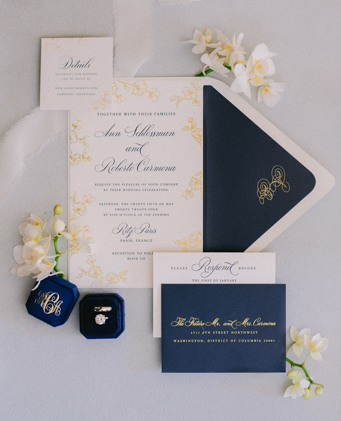 Luxury Ritz Paris wedding invitation suite with rings and navy stationery