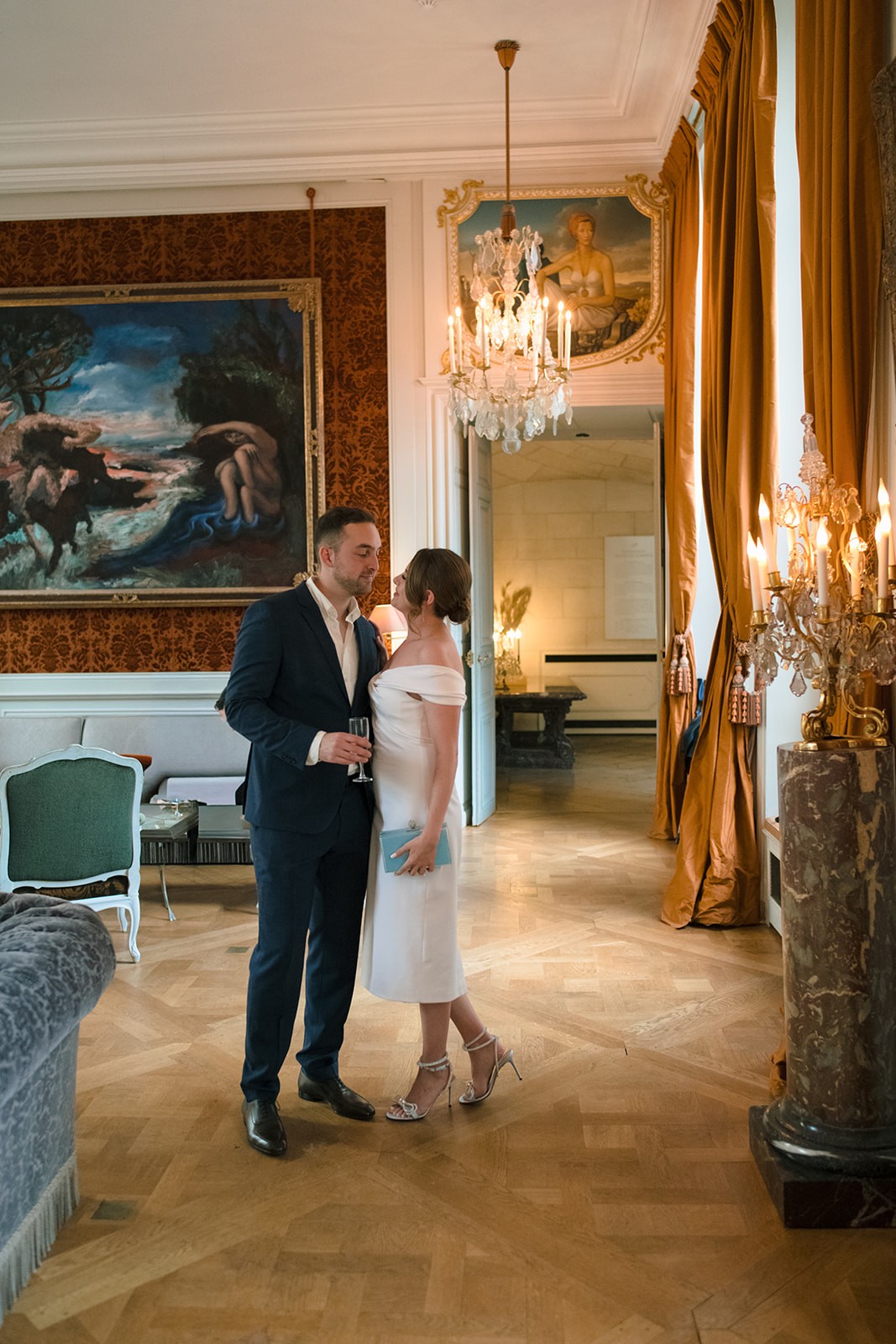 Couple portrait inside a private Paris mansion during their wedding welcome dinner