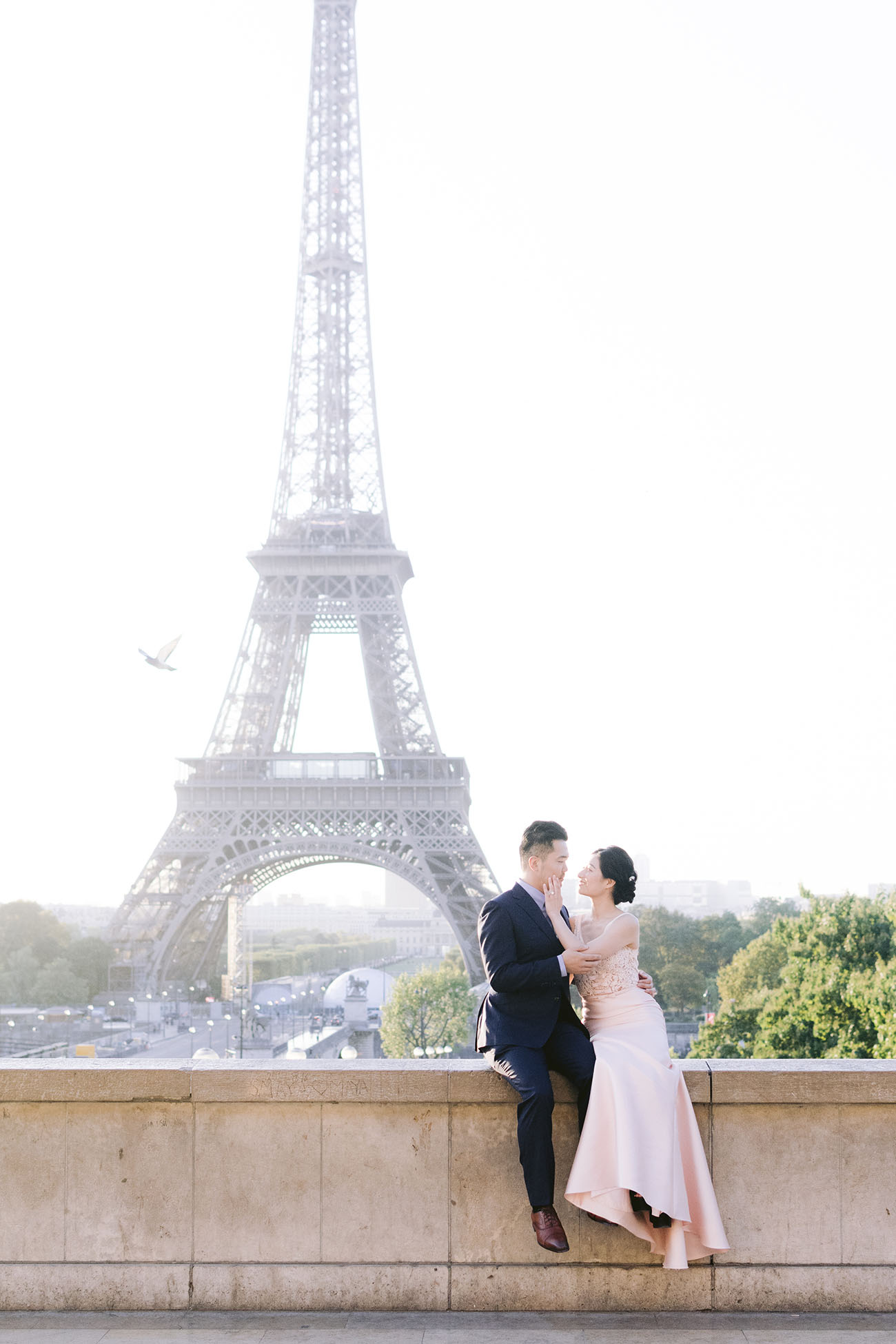 un couple est assis il y a la tour eiffel et un oiseau passe