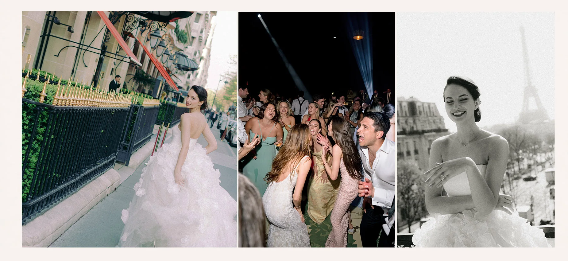 Collage éditorial de mariage à Paris : portrait de mariée, invités et portrait en noir et blanc
