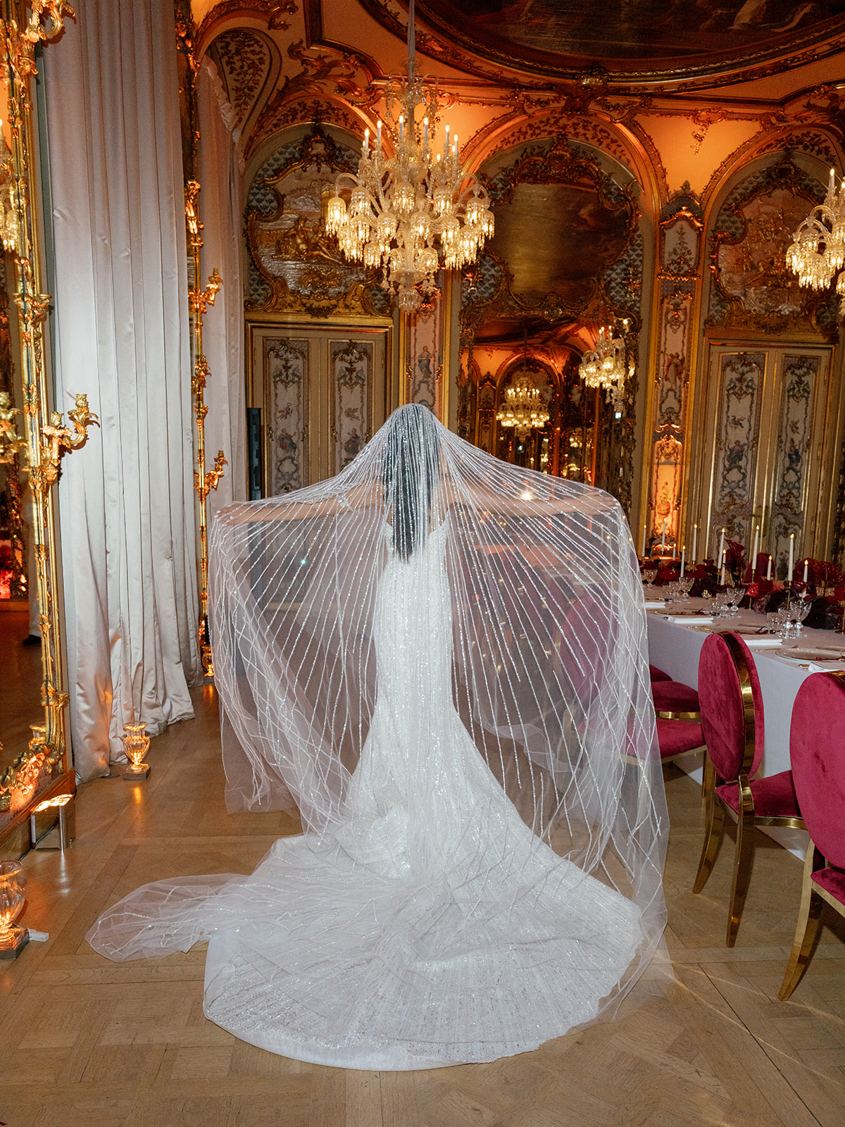 Bride photographed from behind beneath a long veil in a historic Paris wedding salon