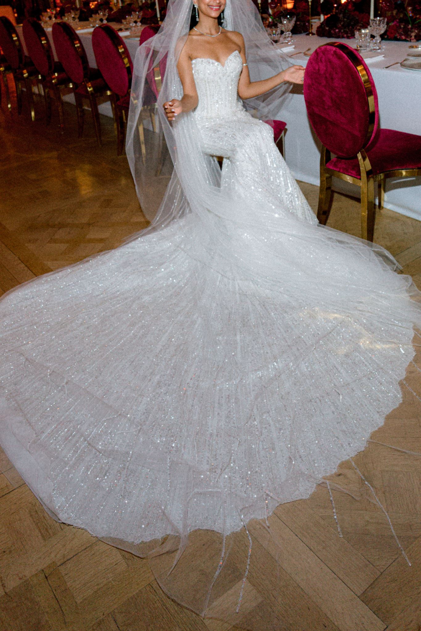 Editorial bridal portrait in a sculptural wedding gown at a luxury Paris celebration