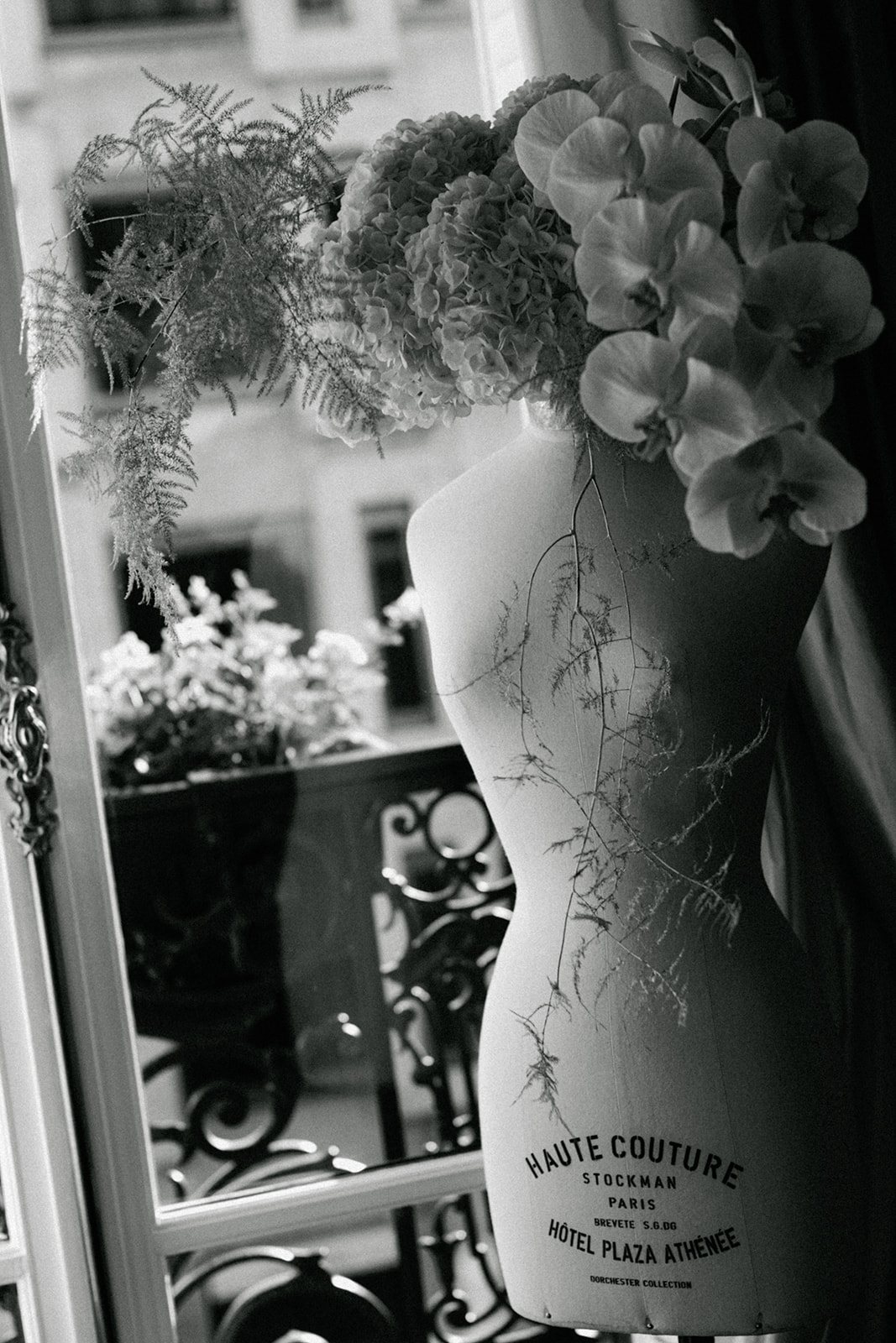Black-and-white Haute Couture mannequin detail inside a suite at Hôtel Plaza Athénée