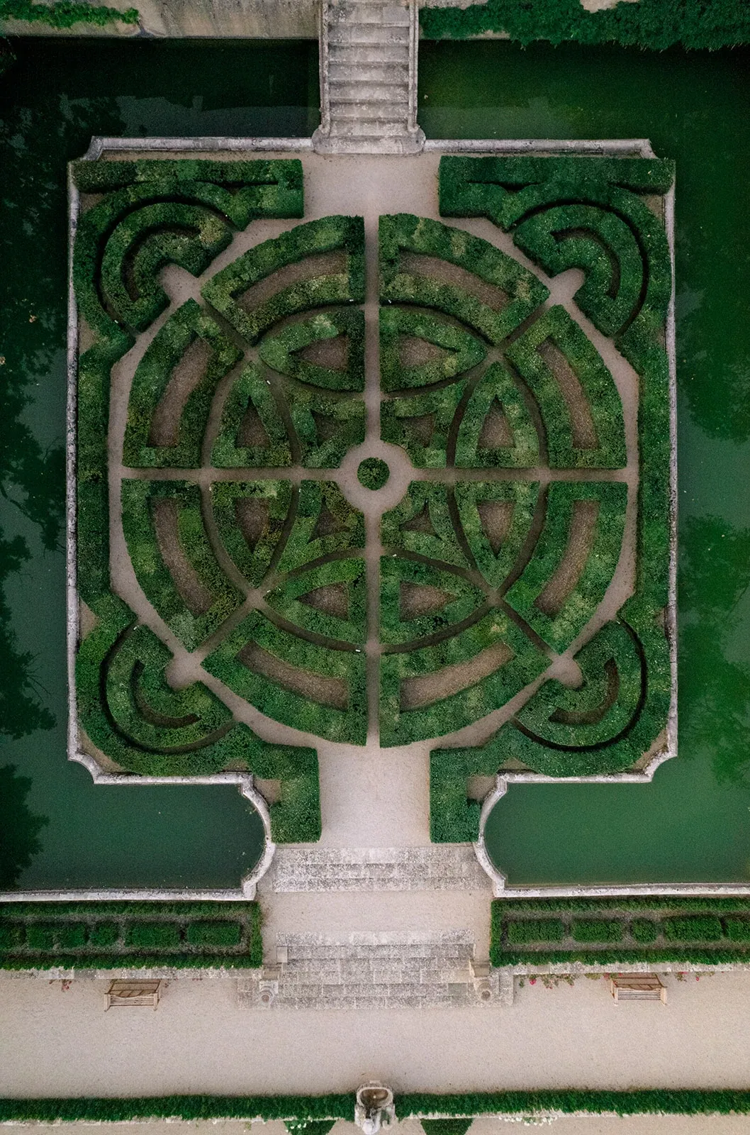Aerial view of the formal gardens at Château de la Gaude during the Day 2 welcome dinner