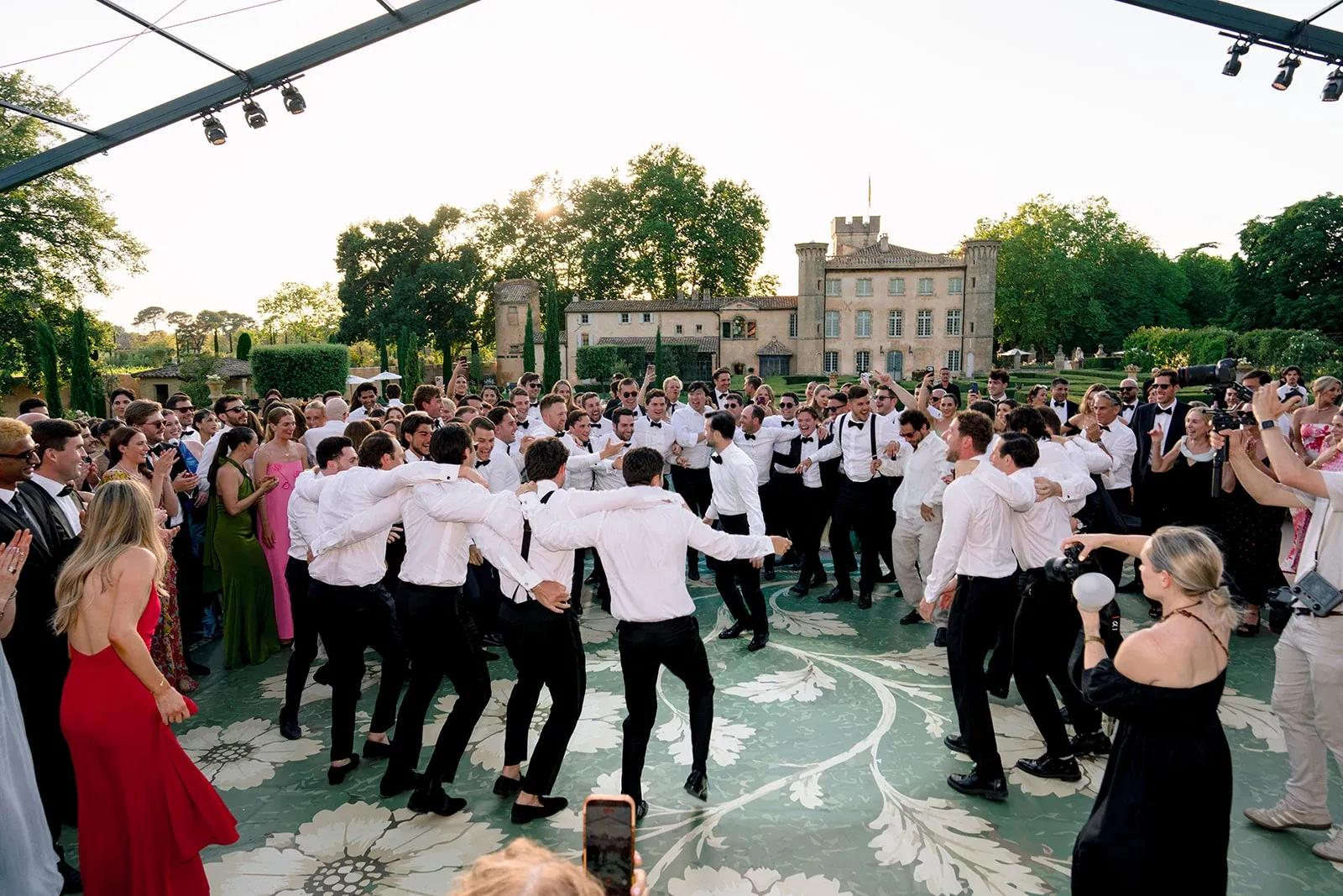 Outdoor dance floor during a wedding reception at Villa Baulieu