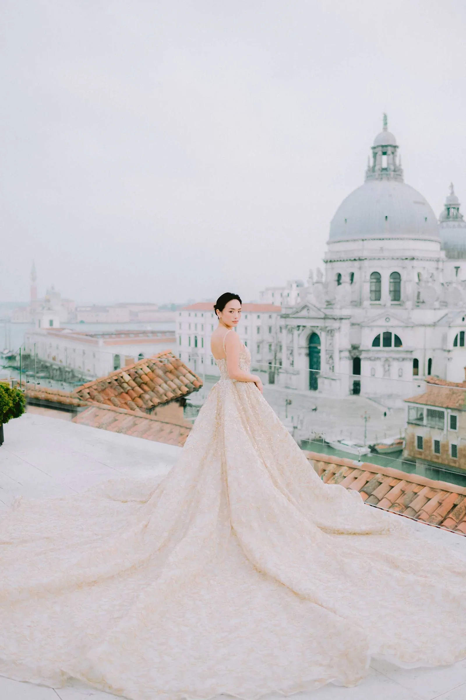 Bridal portrait in a Nicole Felicia gown overlooking Venice, Italy
