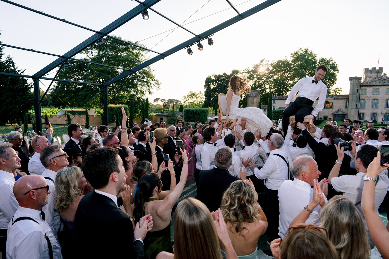 Jewish hora chair dance during a wedding at Villa Baulieu