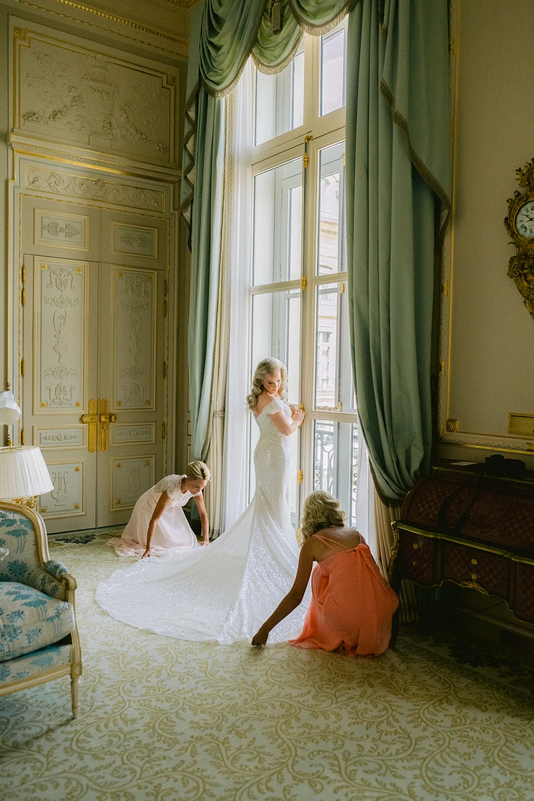 Bride photographed in soft window light during her Ritz Paris wedding