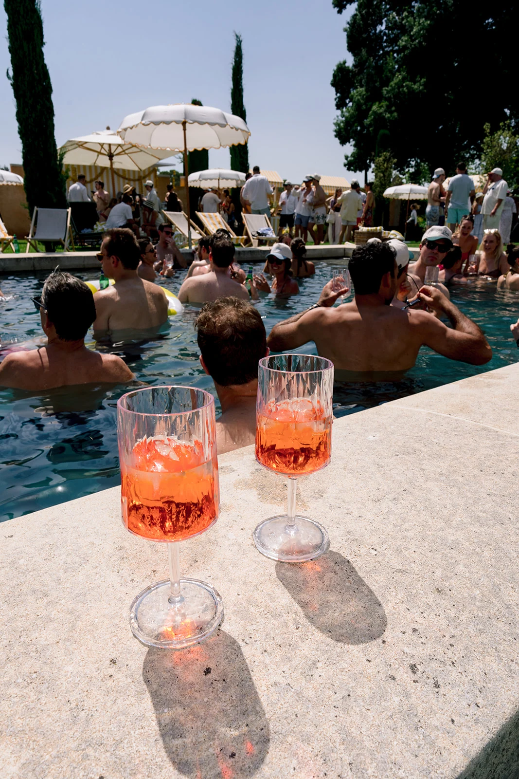 Guests celebrating during a wedding pool party in Provence