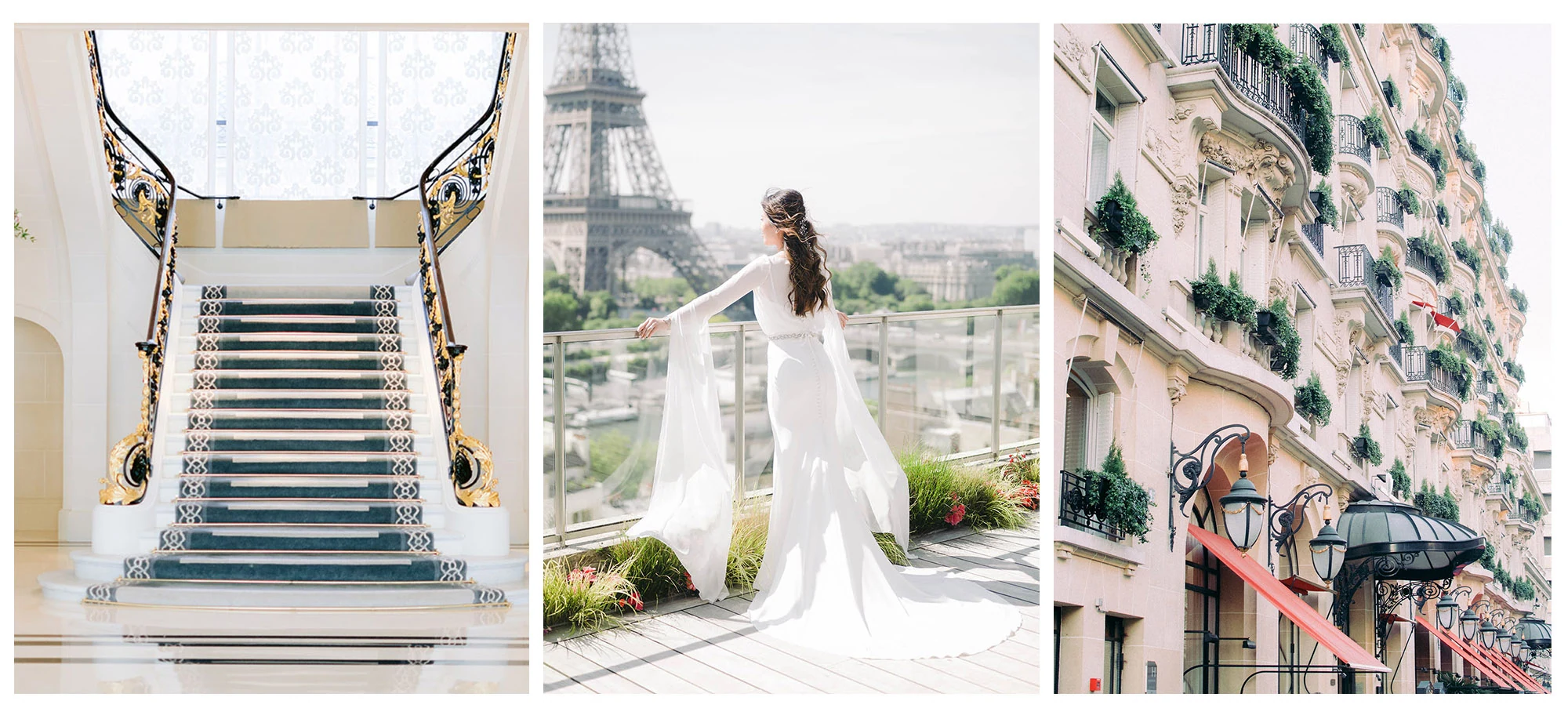 Escalier d'un palace parisien préparé pour un mariage