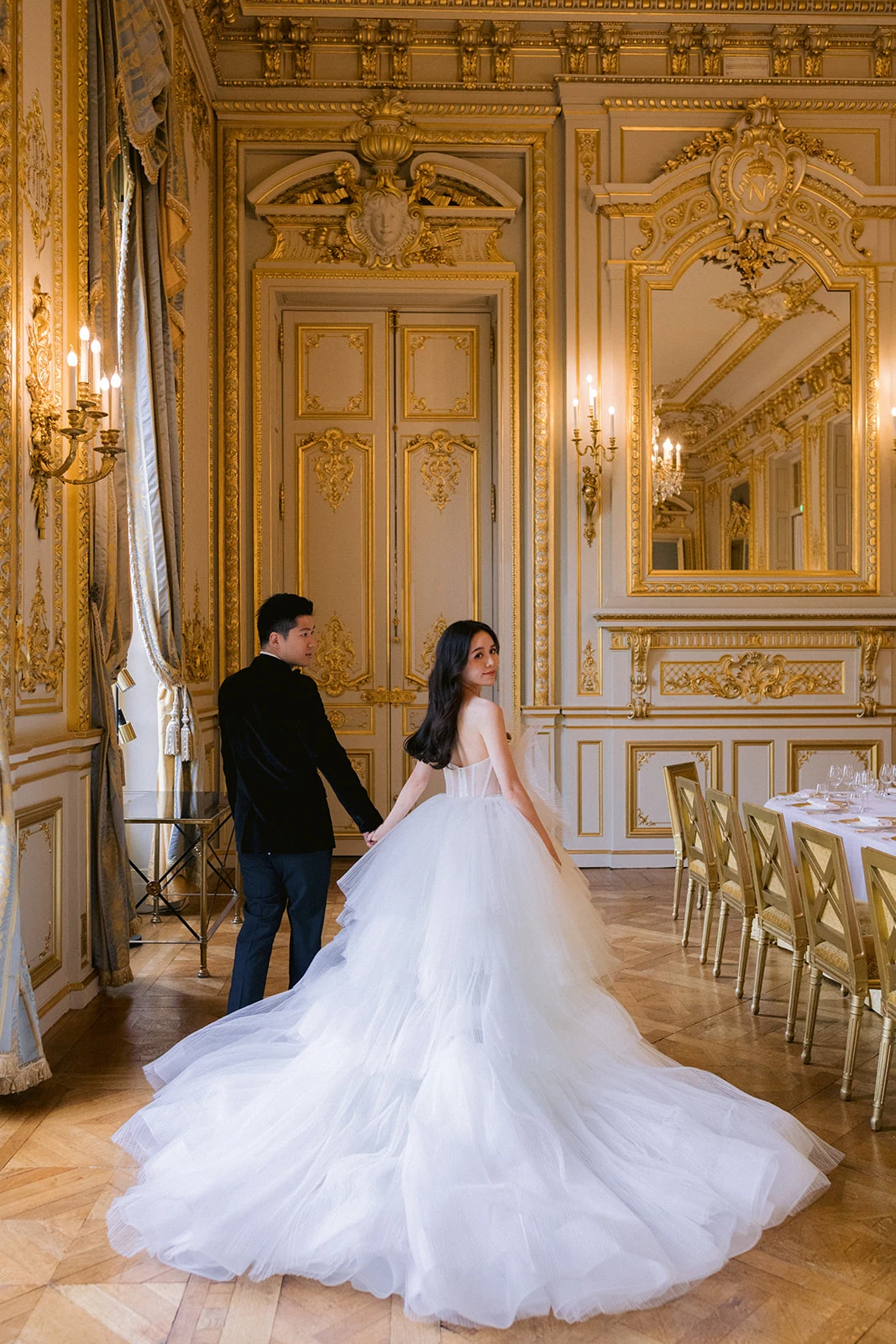 Editorial couple portrait inside Shangri-La Paris