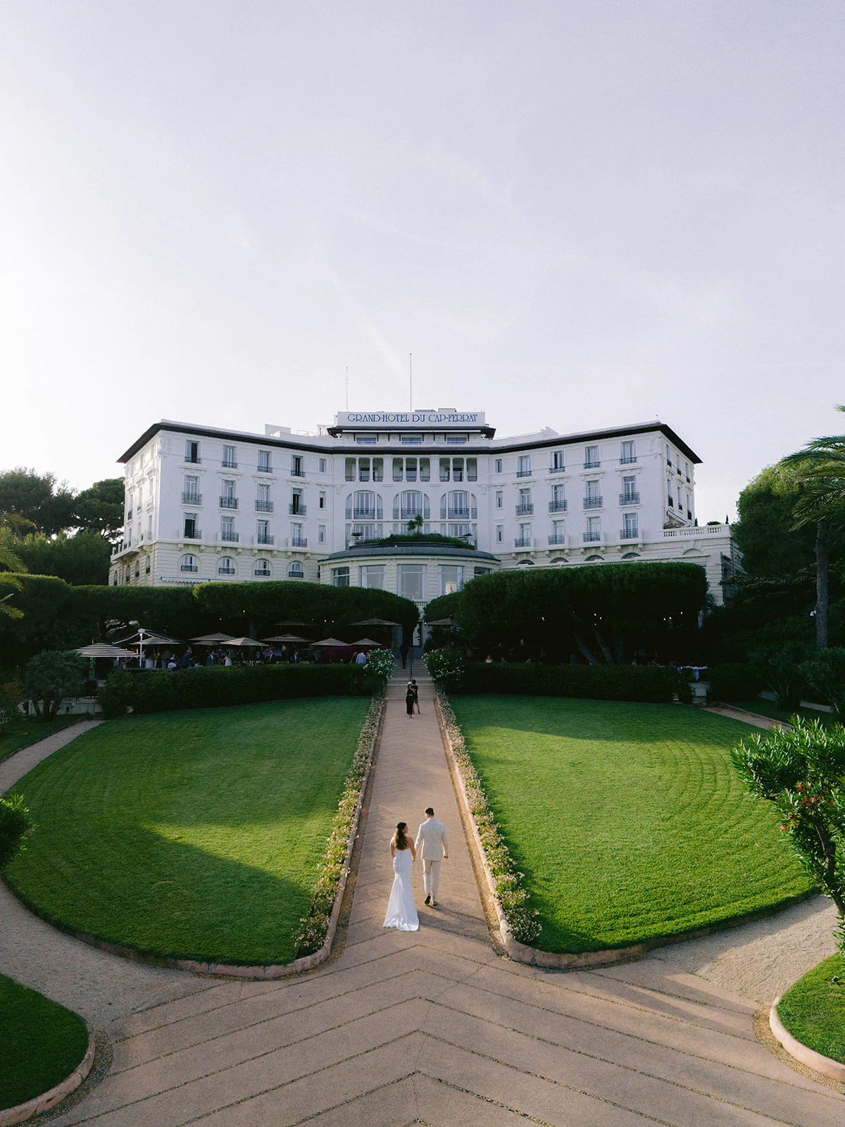 Aerial view of a destination wedding celebration in the South of France