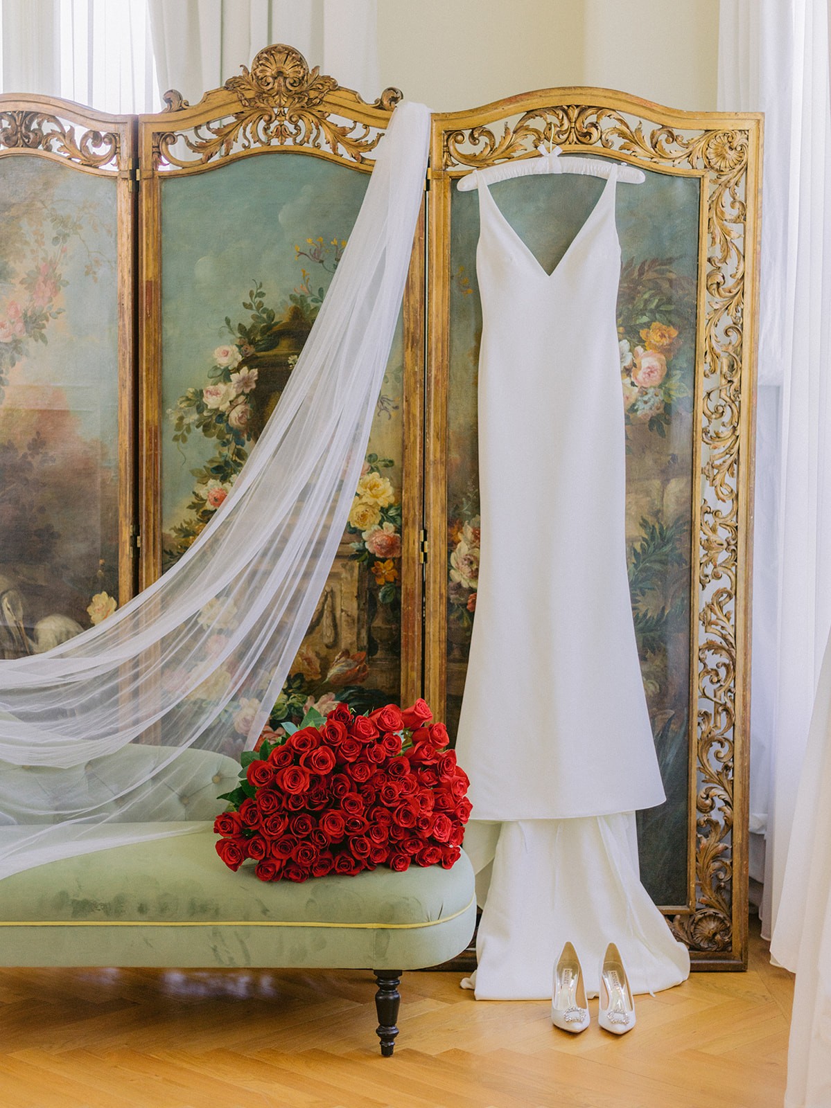 Editorial bridal portrait created inside a French Riviera palace suite