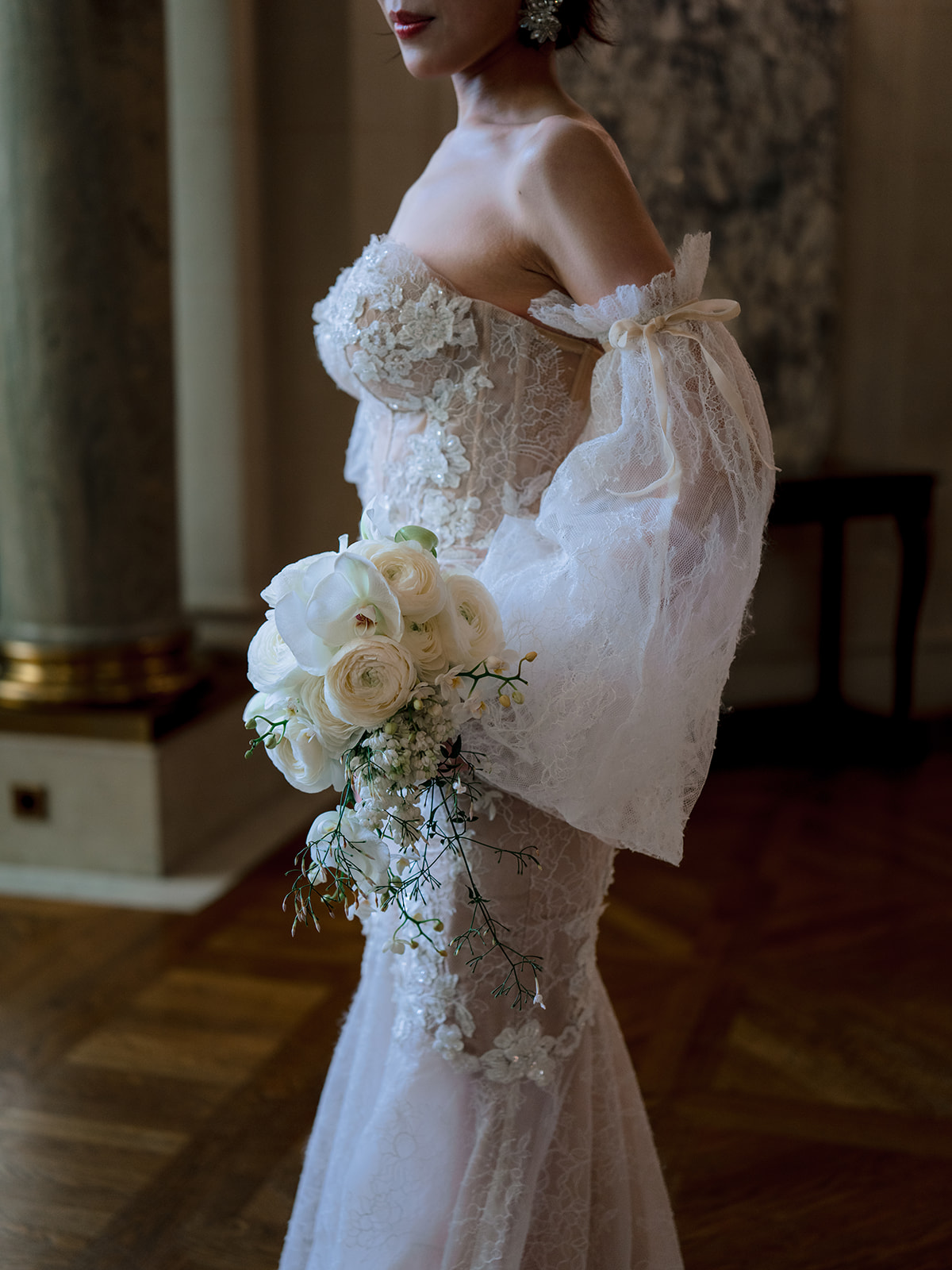 Editorial bridal portrait at Shangri-La Paris with couture lace gown