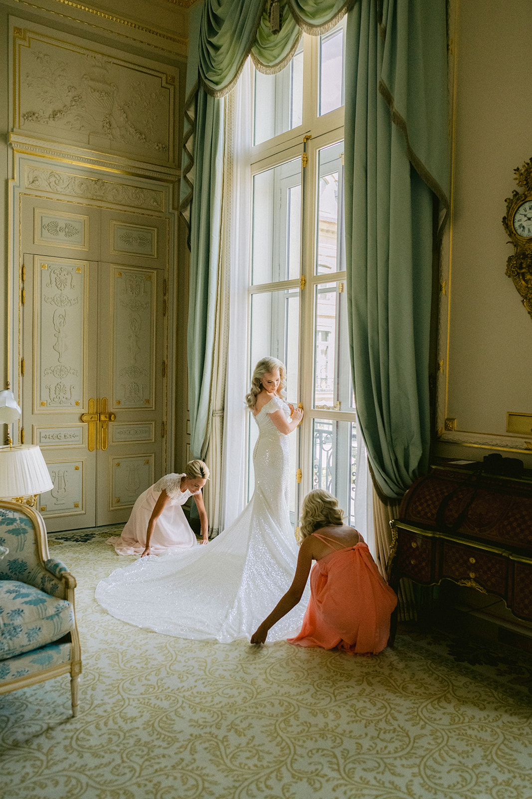 Bride photographed in soft window light during her Ritz Paris wedding