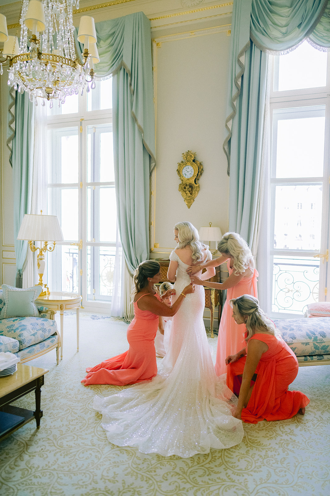Bridal preparations inside an ornate suite at The Ritz Paris in Paris