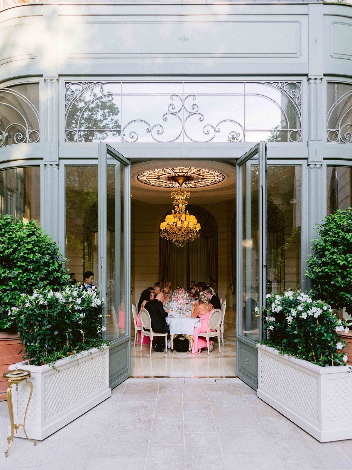 View into the elegant wedding reception room from the Ritz Paris courtyard